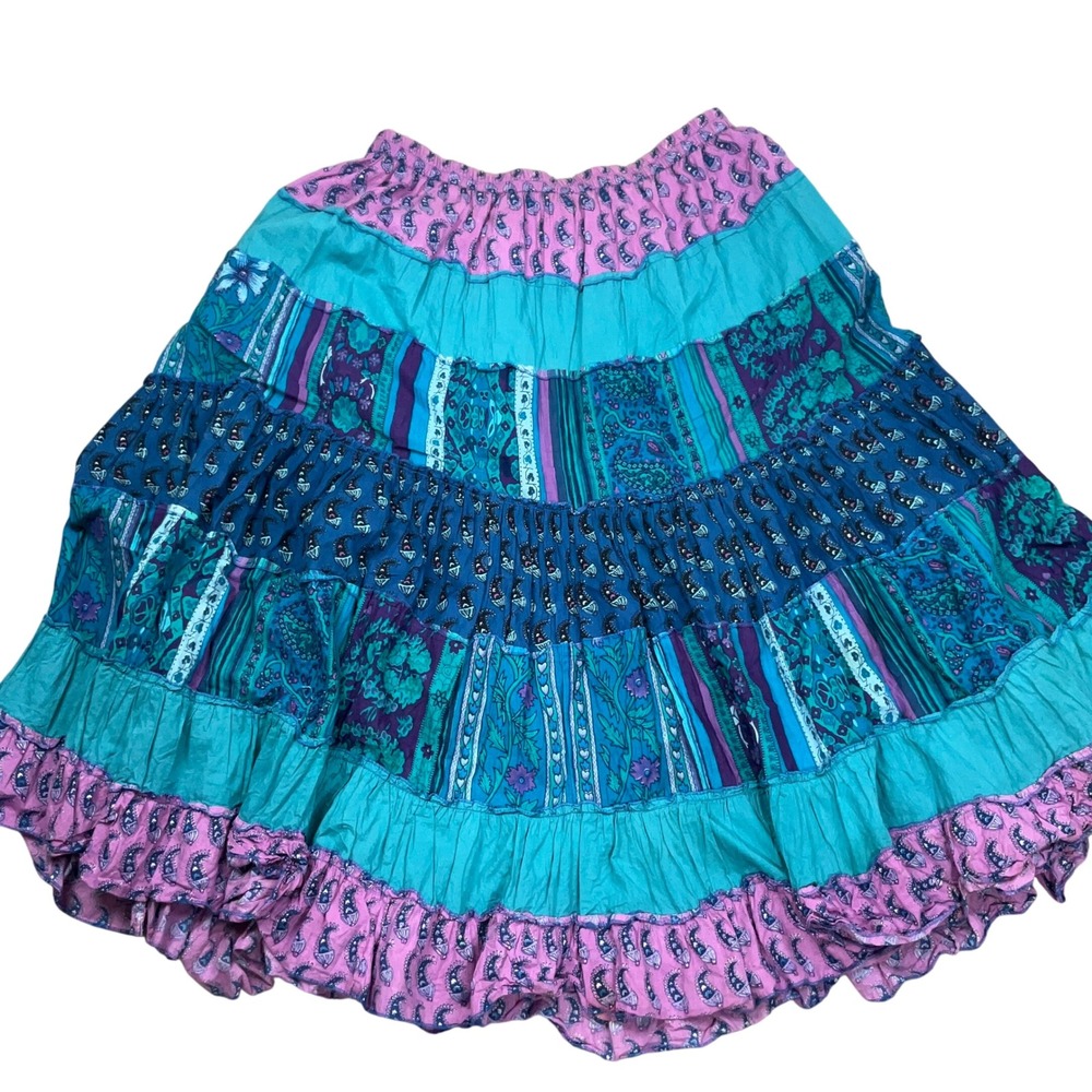 Phool Maxi Skirt Women XL Blue Purple Paisley Tiered Boho Ruffled Cotton India